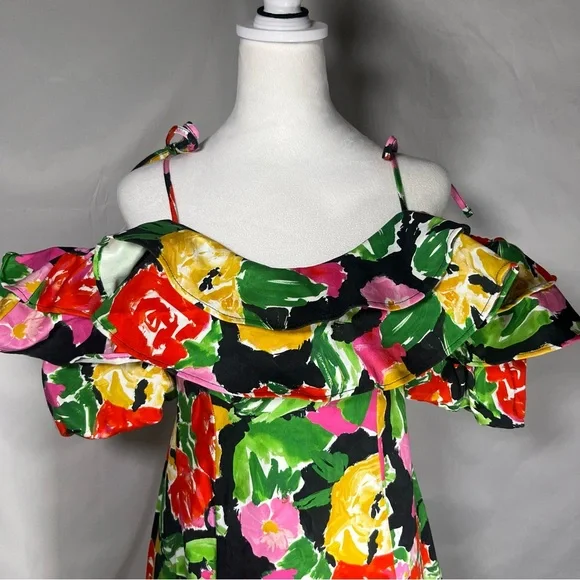 Top Shop‎ Off The Shoulder Bold Floral Ruffle Bardot Mini Dress 4 Feminine Fairy - Picture 3 of 9